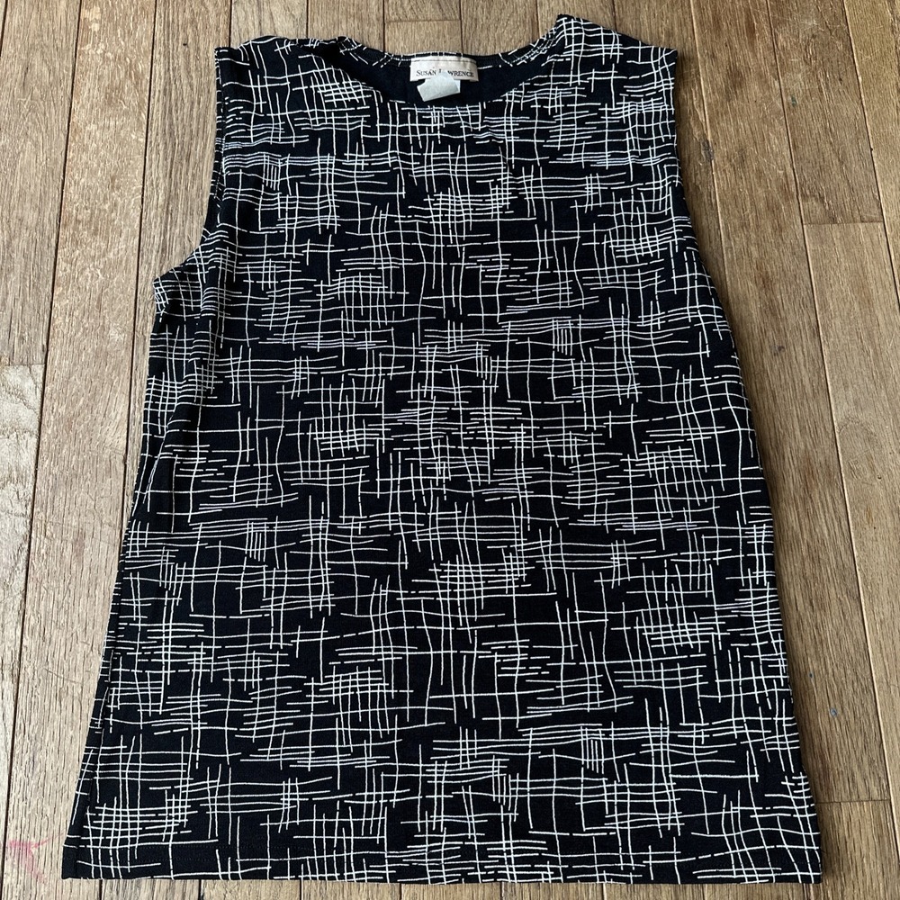Susan Lawrence Vintage 80s Sleeveless Blouse Size‎ M Black White Geometric USA